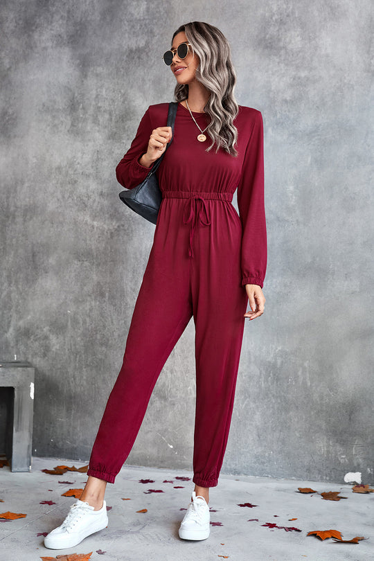 Damen lässiger Jumpsuit mit elastischem Taillenzug und trendy Langarm R&B