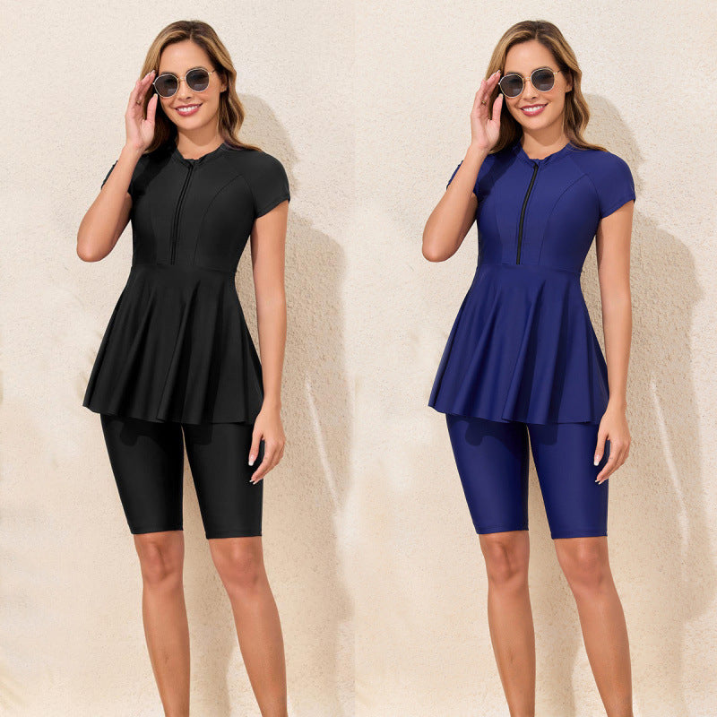 Damen Sportlicher Schwimmanzug mit femininem Rock-Design und kurzer Raglanärmel R&B