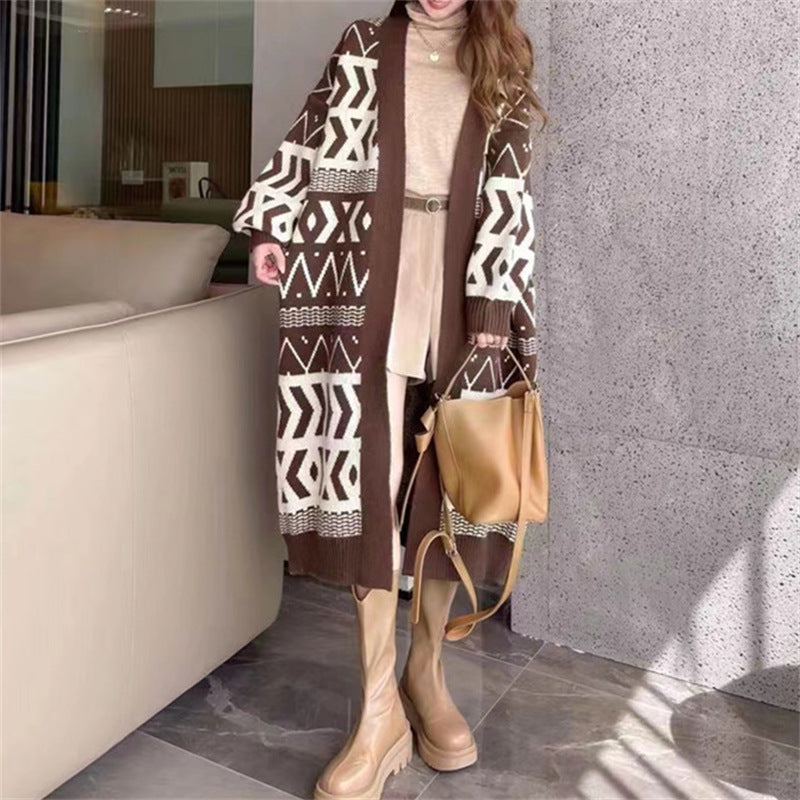 Damen Long Cardigan mit grafischem Design und tiefen Taschen R&B