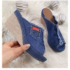 Damen Wedge-Pantoletten mit modischem Denim-Design und komfortabler Fussbettung R&B