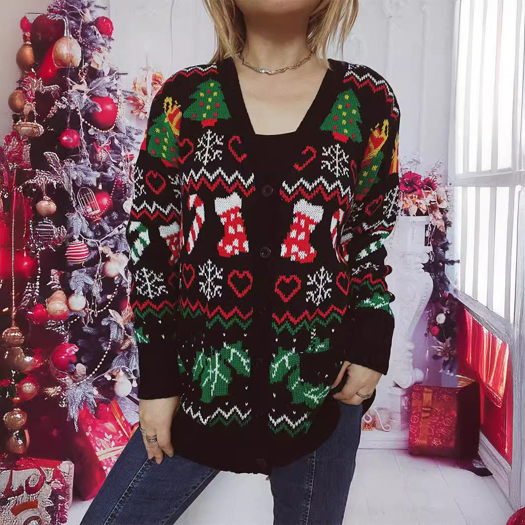 Damen Weihnachts-Strickjacke mit festlichem Motiv und praktischem Knopfverschluss R&B