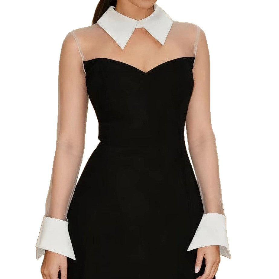 Damen Elegantes figurbetontes Kleid mit transparenten Ärmel und Kontrastkragen R&B