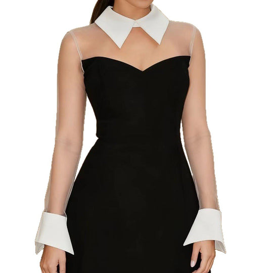 Damen Elegantes figurbetontes Kleid mit transparenten Ärmel und Kontrastkragen R&B
