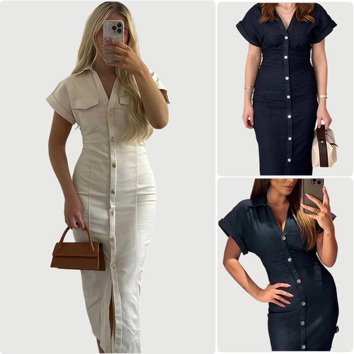 Damen Langarm Kleid mit Knopfverschluss und klassischem Hemdkragen R&B