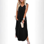 Damen Maxi-Kleid mit modernem V-Ausschnitt und praktischem Taschendesign R&B