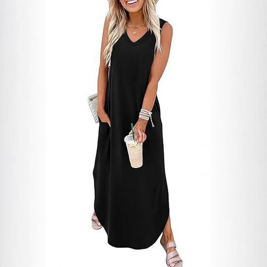 Damen Maxi-Kleid mit modernem V-Ausschnitt und praktischem Taschendesign R&B