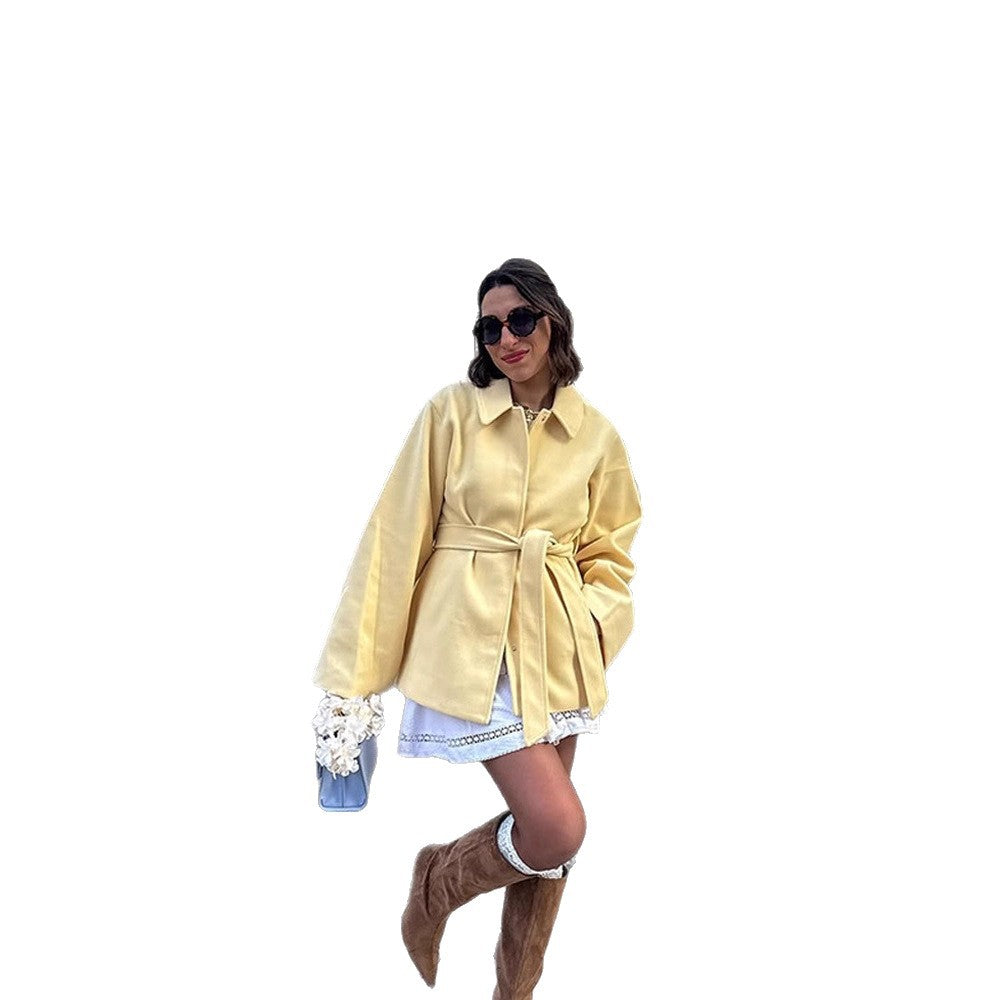 Damen Oversized jacke mit breitem Revers und Taillengürtel R&B