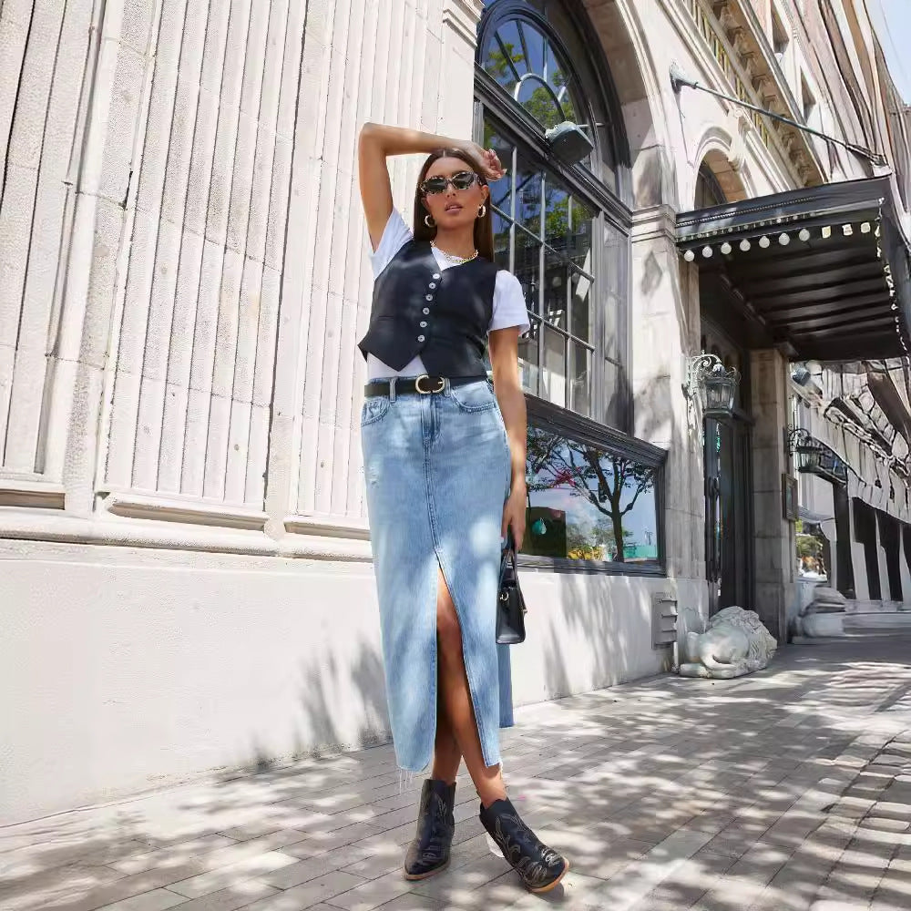 Damen Jeansrock mit modischem Schlitz und lässigem Schnitt R&B