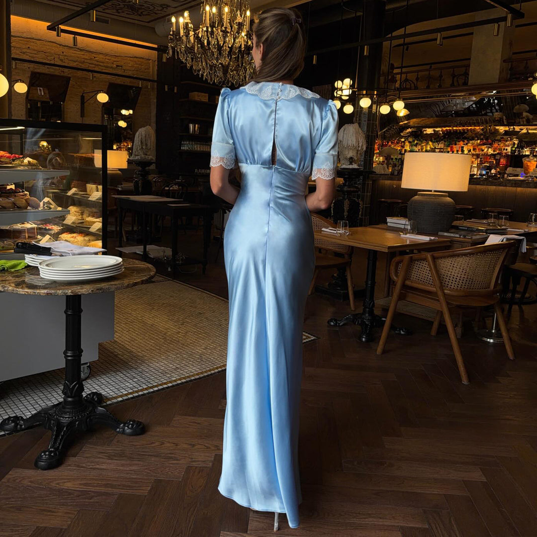 Damen Maxikleid mit eleganten Spitzenakzenten und V-Ausschnitt R&B