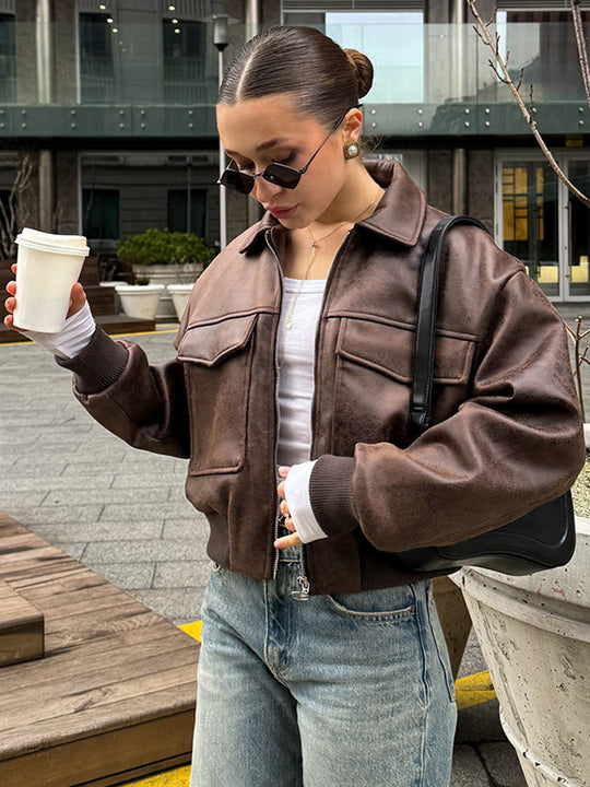 Damen cropped Kunstlederjacke mit Taschen R&B
