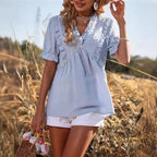 Damen luftige Bluse mit Rüschendetails und V-Ausschnitt R&B