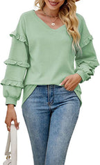 Damen Rüschensweater mit V-Ausschnitt R&B