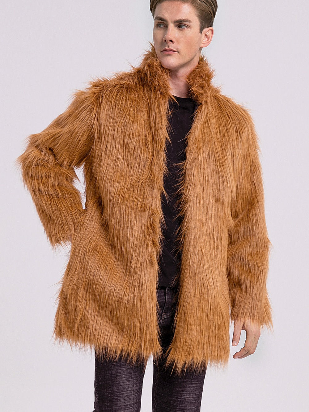 Herren Eleganter Kunstfell-Mantel mit weitem Kragen R&B