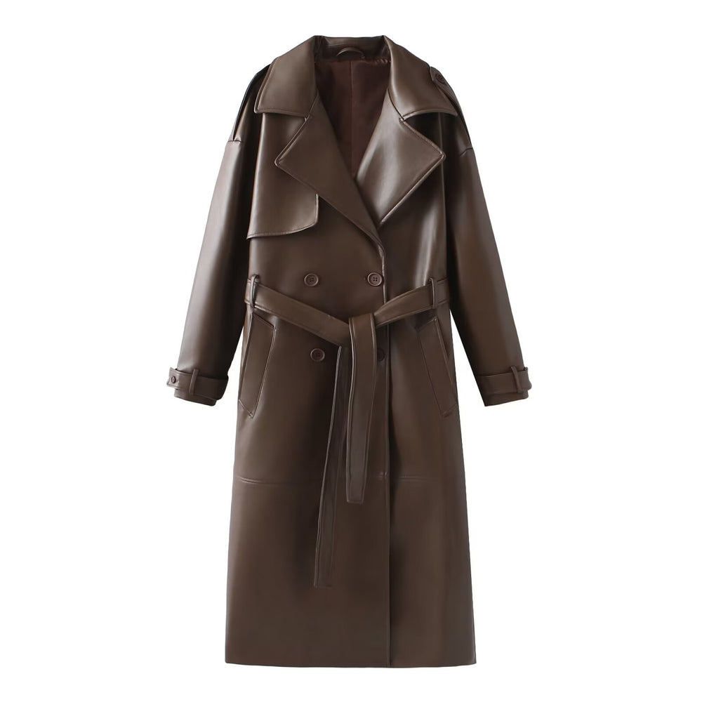 Damen Kunstleder-Trenchcoat mit modischem Schnitt und praktischen Taschen R&B