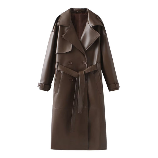 Damen Kunstleder-Trenchcoat mit modischem Schnitt und praktischen Taschen R&B