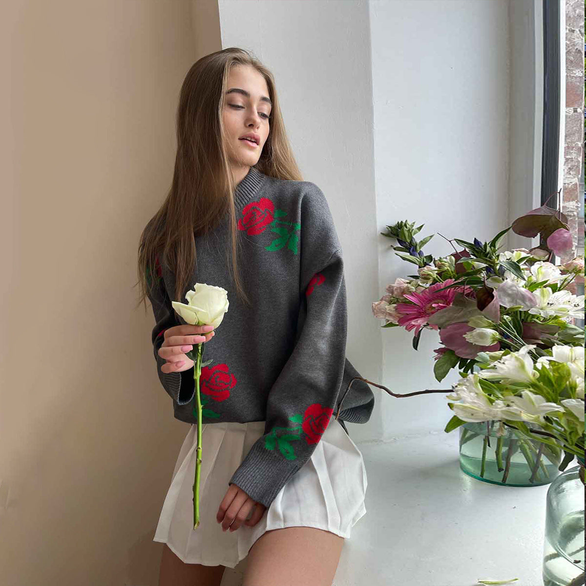 Damen weicher Strickpullover mit floralem Design R&B