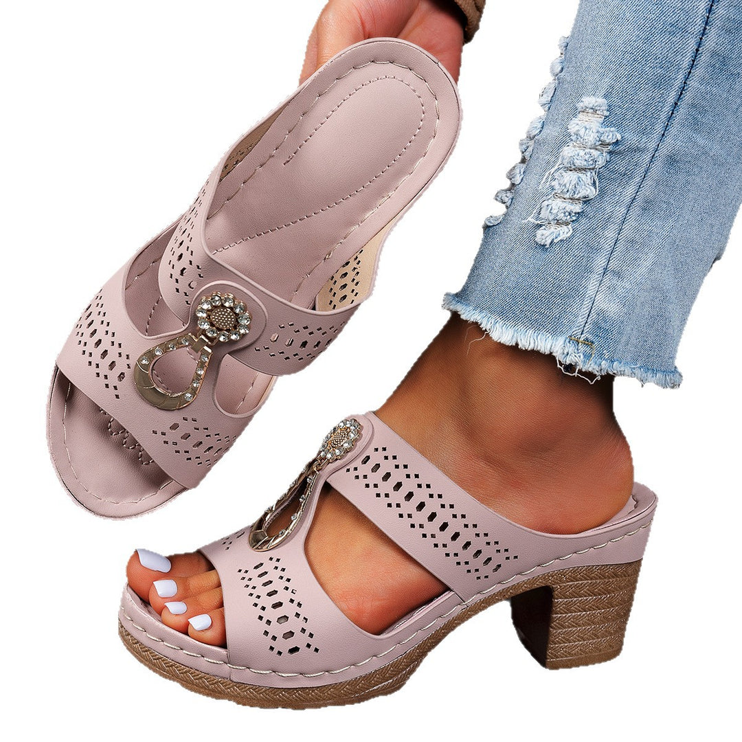 Damen elegante Wedge-Pantoletten mit Dekorativem Schmuckakzent R&B