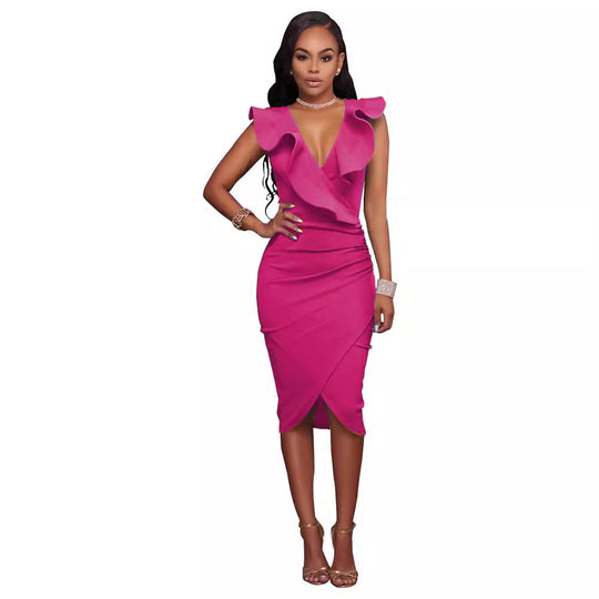 Damen elegantes Wickelkleid mit Rüschendetails R&B