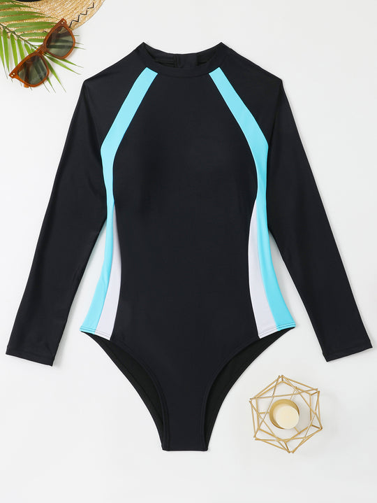 Damen Sportlicher Langarm-Badeanzug mit Farbblockdesign R&B