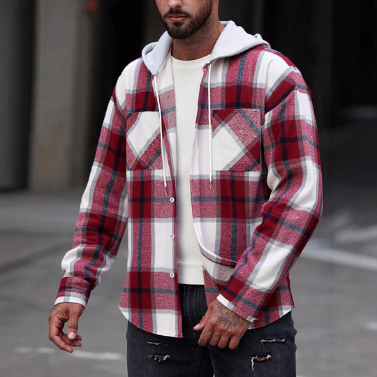 Herren Flanelljacke im lässigen Karomuster mit Kapuze und zwei Taschen R&B