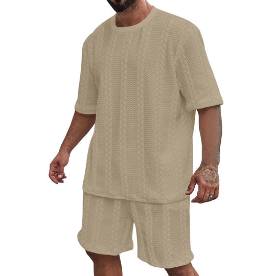 Herren nan entspanntes Zopfstrick-Freizeitset mit weitem Kurzarmshirt und elastischer Bermuda R&B