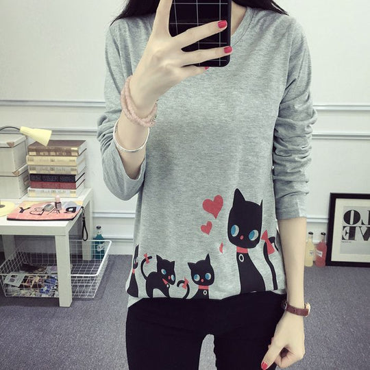 Damen Langarm-T-Shirt mit kreativem Katzenmotiv R&B