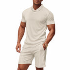 Herren nan lässiges Waffelstruktur-Freizeitset mit Reverskragen-Kurzarmshirt und elastischen Freizeitshorts R&B