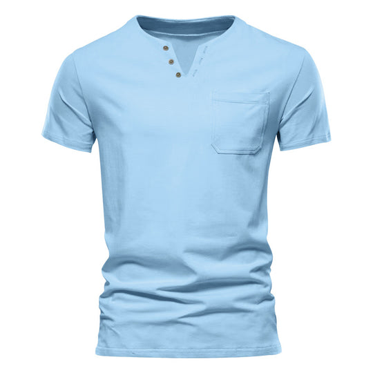 Herren Kurzarm-Henley-T-Shirt mit praktischer Brusttasche und anpassbarem Knopfverschluss R&B
