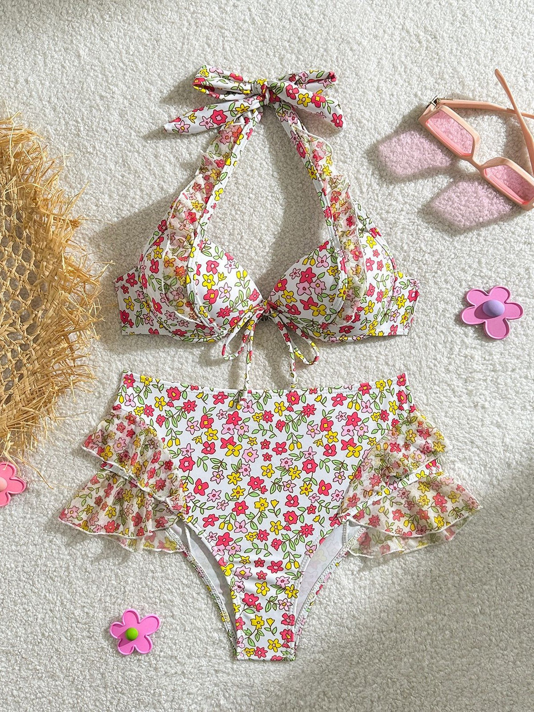 Damen Retro-Bikini-Set mit floralem Design und Rüschendetails R&B