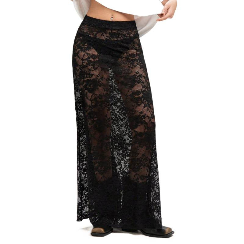 Damen Elegante Spitzenmaxi-Rock mit durchscheinendem Design und seitlichem Schlitz R&B