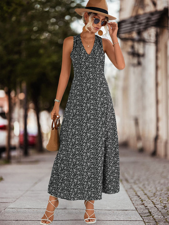 Damen Maxikleid mit floralem V-Ausschnitt und schwingendem Rock R&B
