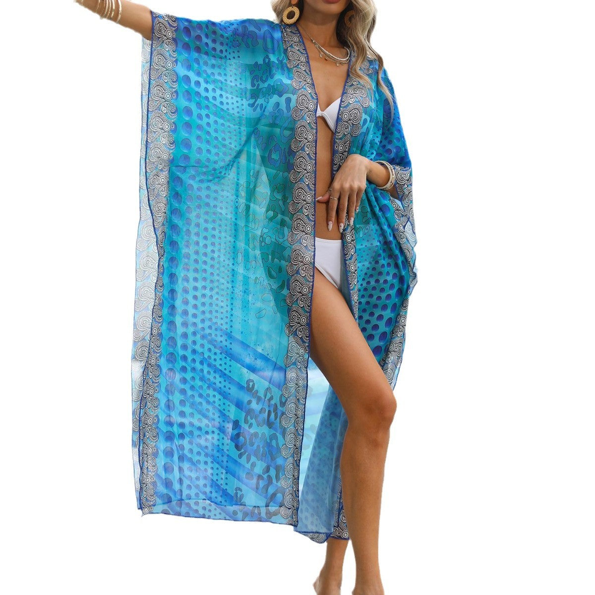 Damen luftiger Strandkimono mit elegantem Muster R&B