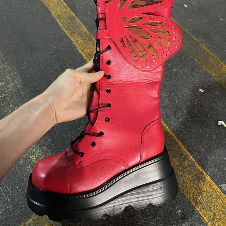 Damen Schnürstiefel mit modischem Schmetterlingsdesign und hohem Plateau R&B