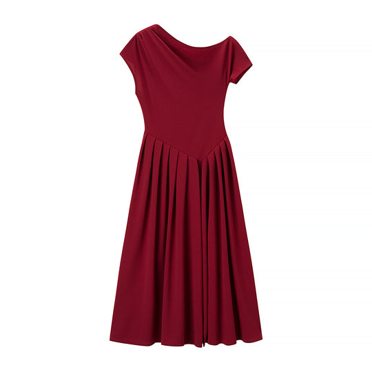 Damen Midi-Kleid mit elegantem Faltenrock und offenkantigem Ausschnitt R&B