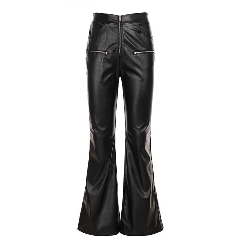 Damen Kunstlederhose mit transparenten Spitzen-Einsätzen und ausgestelltem Bein R&B