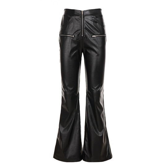 Damen Kunstlederhose mit transparenten Spitzen-Einsätzen und ausgestelltem Bein R&B