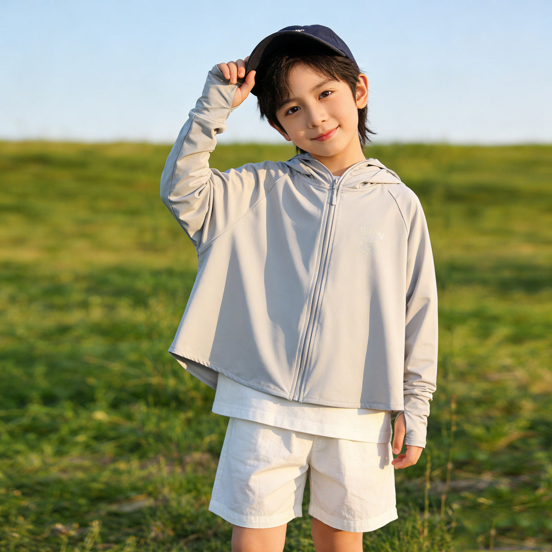 Unisex Nan Kids hoch UPF bewertete Kapuzen-Sonnen-Schutzjacke mit Reißverschluss-Gesichtsschutz und Pferdeschwanzöffnung R&B