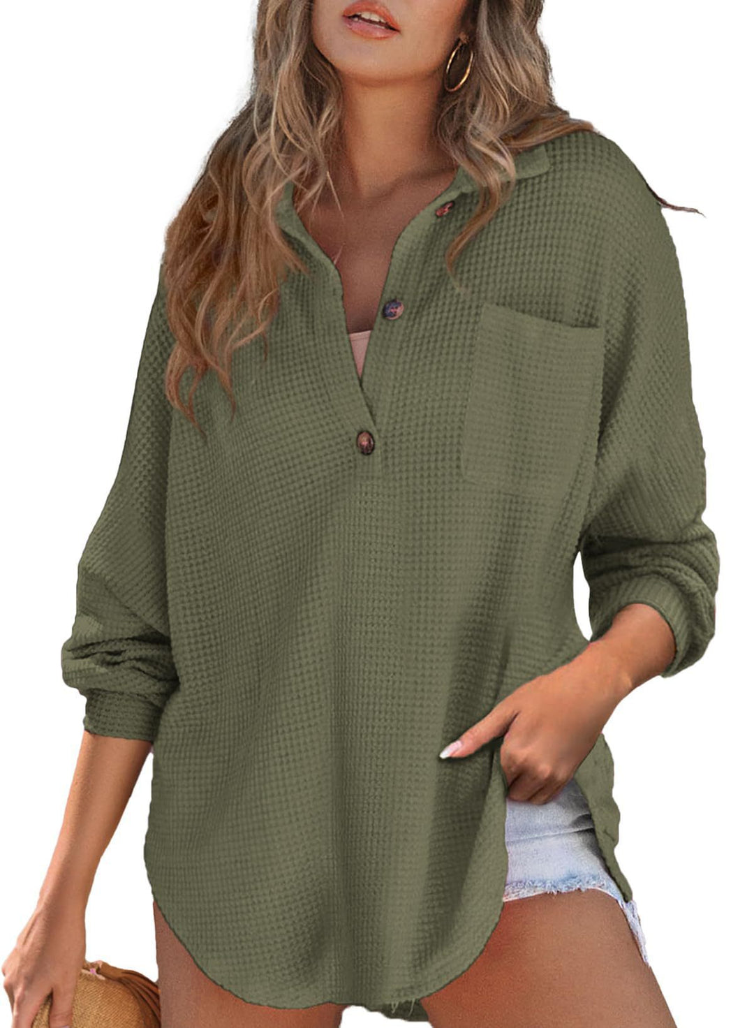 Damen Lässiges Waffle-Muster Oberteil mit Knopfdetail R&B
