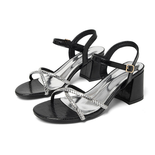 Damen elegante Riemchen-Sandaletten mit glitzerndem Akzent und moderatem Blockabsatz R&B
