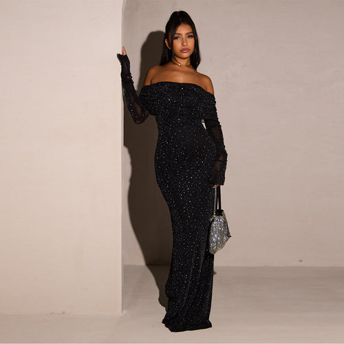 Damen Elegantes schulterfreies Maxikleid mit glitzernden Akzenten R&B