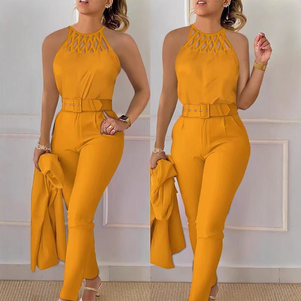 Damen eleganter Jumpsuit mit geflochtenem Trägersystem und tailliertem Schnitt R&B