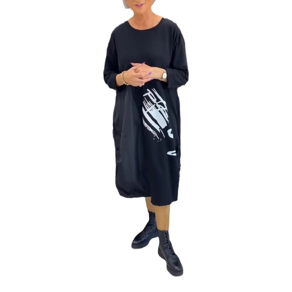 Damen nan lässiges Jerseykleid mit seitlicher Tunnelzug-Raffung, Eingrifftaschen und Statement-Print R&B