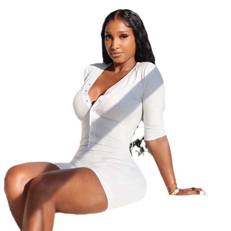 Damen Figurenbetonter Jumpsuit mit modischem V-Ausschnitt und praktischen Knopfdetails R&B