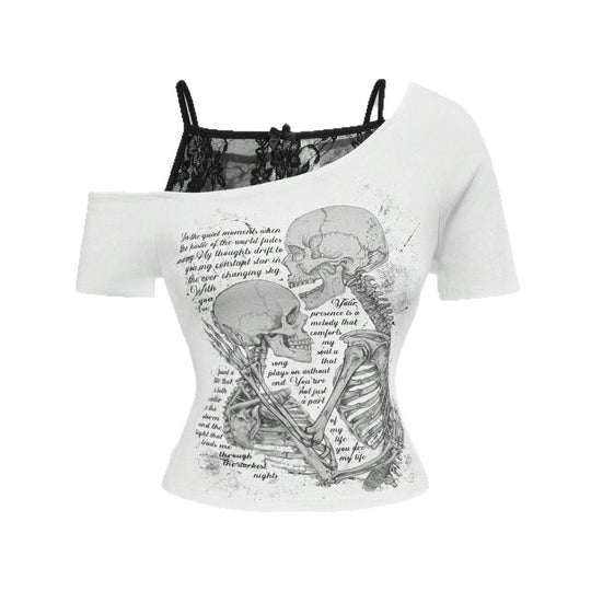 Damen Raffiniertes grafisches T-Shirt mit Spitzenunterlayer R&B