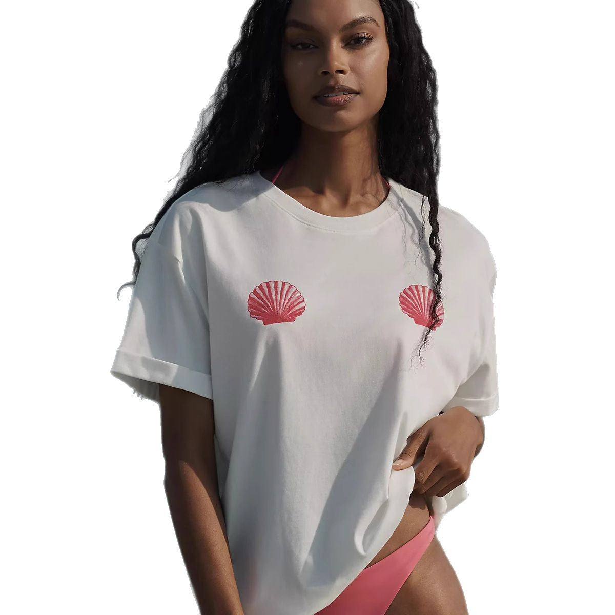 Damen lässiges T-Shirt mit maritimem Muschel-Print und lockerer Passform R&B
