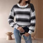 Damen lässiger, gestreifter Pullover mit einem komfortablen Schnitt und dekorativen Details R&B