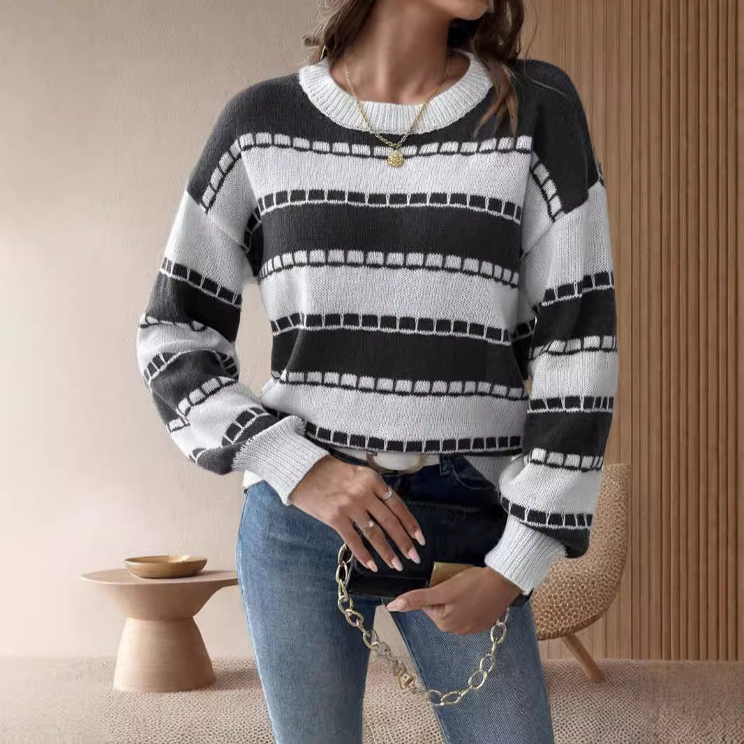 Damen lässiger, gestreifter Pullover mit einem komfortablen Schnitt und dekorativen Details R&B