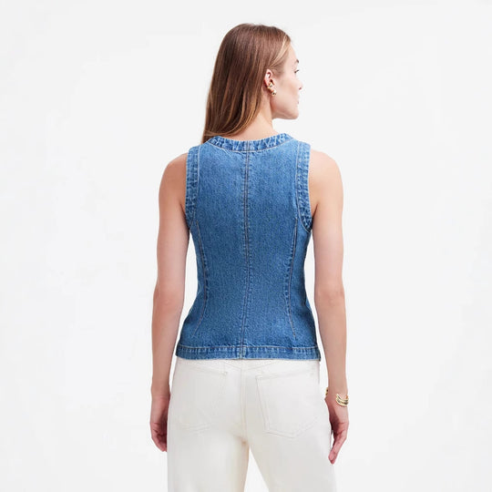 Damen Jeans-Weste mit asymmetrischem Schnitt und dekorativen Knöpfen R&B