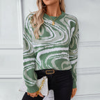 Damen gemusterter Strickpullover mit modernem Wellenmuster und Rundhalsausschnitt