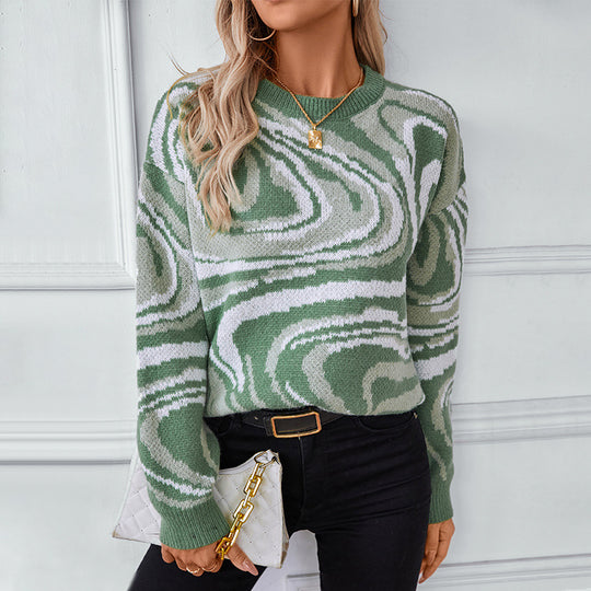 Damen gemusterter Strickpullover mit modernem Wellenmuster und Rundhalsausschnitt R&B